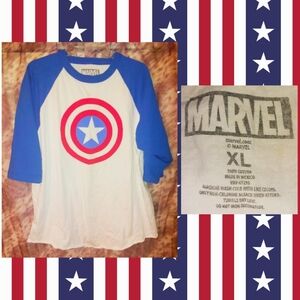 Marvel White/Blue/Red Colorblock Captain America Shield Soft Knit Shirt Sz XL